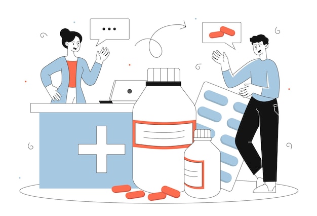 Vector people at pharmacy line concept man and woman with pills and drugs buyer and seller in pharmacy