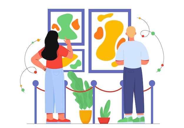 Vector people in picture gallery concept man and woman looking at abstract paintings exhibition and museum cultural recreation creativity and art cartoon flat vector illustration