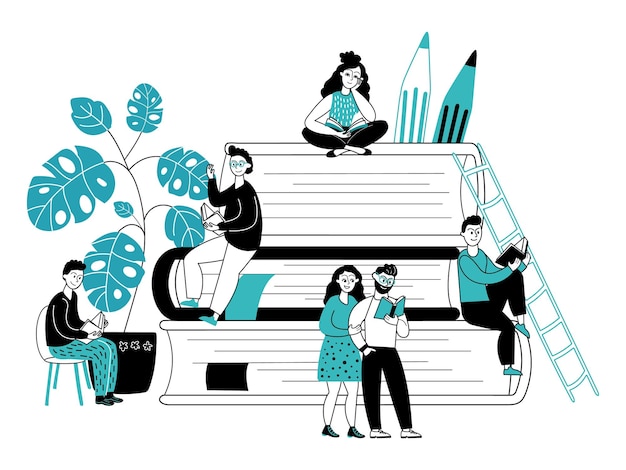 Vector people studying with books reading book young readers and students exam preparation new knowledge acquire decent vector concept