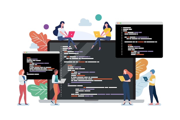 Vector people with coding on laptop screen concept of computer programming or developing software or game