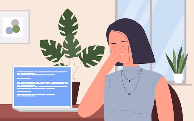 Vector people with computer tech error in office workplace frustrated business lady working