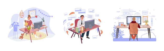 Vector people working at home. remote work, web development, interface design, software testing, coding