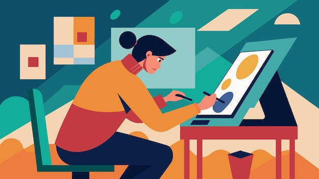 Vector a person alone in a studio using their fingers to add layers of texture and depth to an abstract