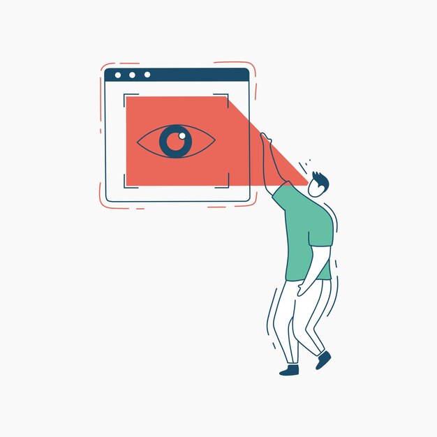 Vector a person interacting with a web browser showing a red eye icon