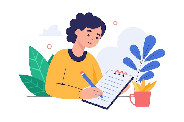 Vector person writing notes at a desk surrounded by plants