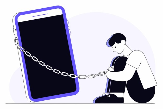 Vector phone addiction vector illustration chained man glued to screen symbolizing digital overuse