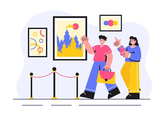 Vector photo gallery vector illustration featuring museum visitors viewing an exhibition of modern abstract paintings and pictures in a contemporary design