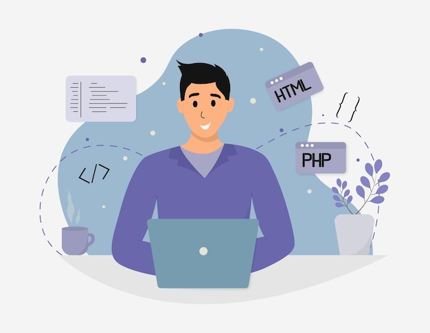 Vector php web development. programming. the man behind the laptop. working environment. net