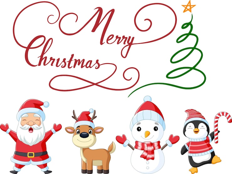 Vector a picture of santa and snowman with a merry christmas written on the top