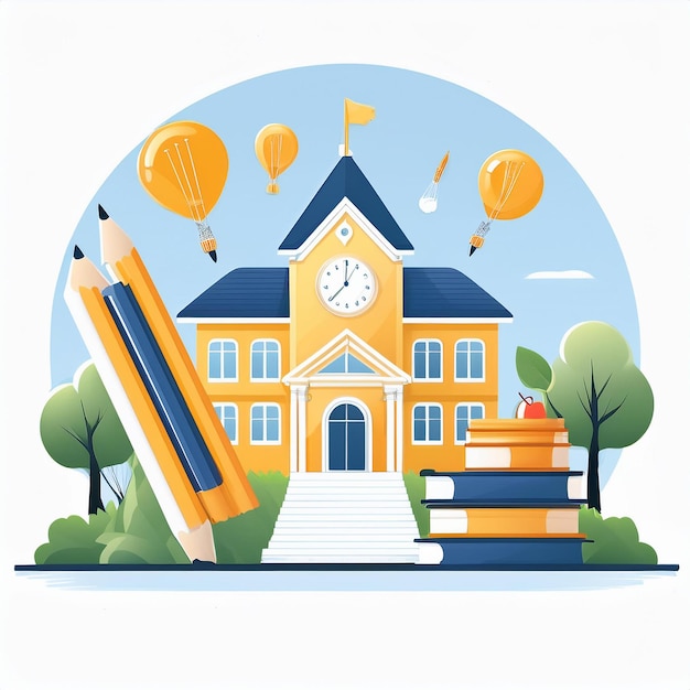 Vector a picture of a school with a yellow pencil and a school building with a clock on the top