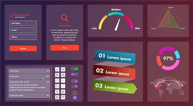 Vector the picture shows the interface of a web application or site consisting of navigation elements buttons and various components design includes menu search form icons and vector graphics