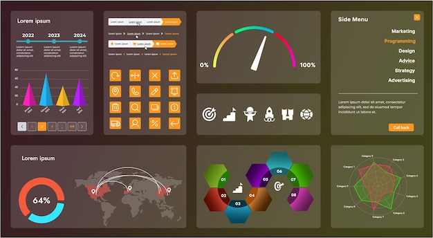 Vector the picture shows the interface of a web application or site consisting of navigation elements buttons and various components design includes menu search form icons and vector graphics