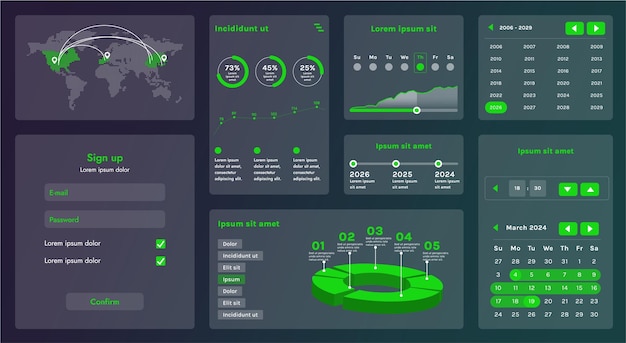 Vector the picture shows the interface of a web application or site consisting of navigation elements buttons and various components design includes menu search form icons and vector graphics