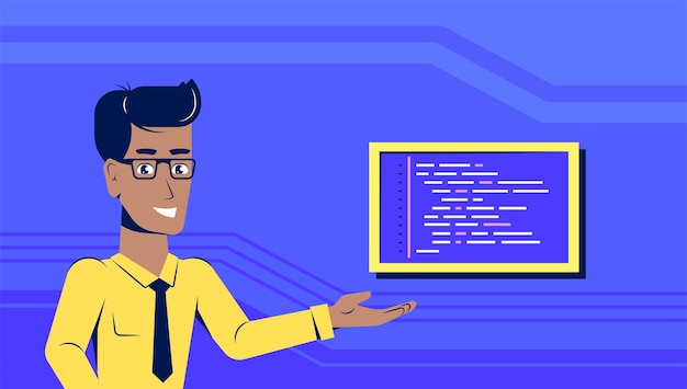 Vector picture of a smart programmer man with a code sample. flat style banner design. coding, programming, application development concept