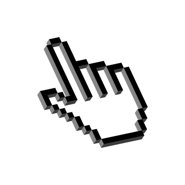 Vector pixel 3d hand pointer. web cursor for links and selection of actions. online referral for information and vector connection