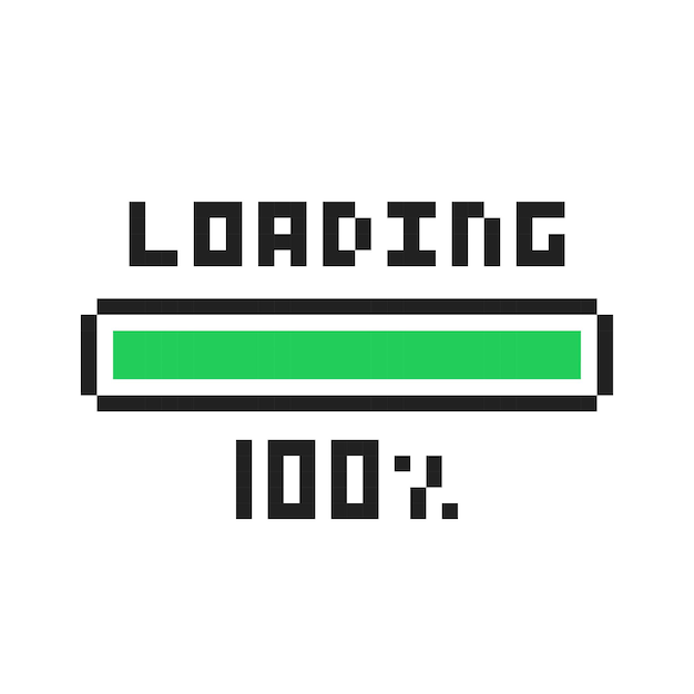 Vector pixel art 8bit loading bar 100 percent