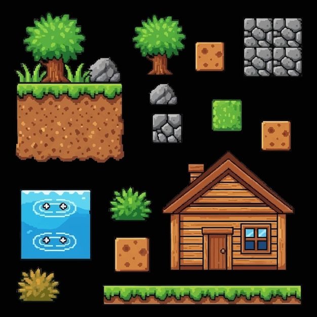 Vector pixel art game environment tiles and objects collection