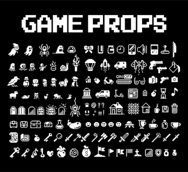 Vector pixel art icon set various vector objects black and white pixel icons 1bit 8bit vector isolated