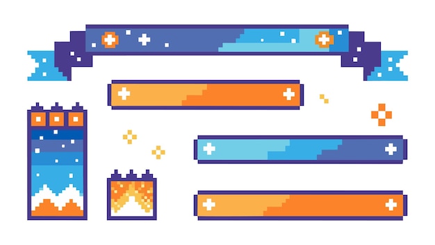 Vector pixel banners header footer banner rectangles with pixel digital edges pixelated gradient grunge