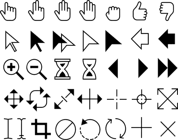 Vector pixel perfect icon set of pointer cursor pointers black selection hand click edit tool mouse arrow
