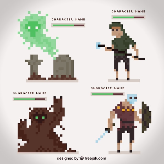 Vector pixelated characters role-playing game set