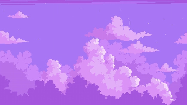 Vector pixelated purple sky with clouds