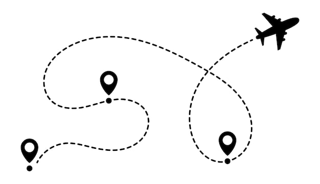 Vector plane route with dashed line trajectory of aeroplane flight route icon map location pointer location