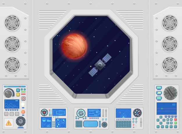 Vector planet and satellite through modern spaceship window with technical equipment.