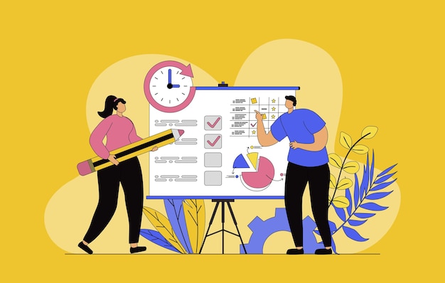 Vector planning concept with modern flat design for web woman and man organizing workflow and creating list of tasks marking dates on calendar using time management tools for work vector illustration