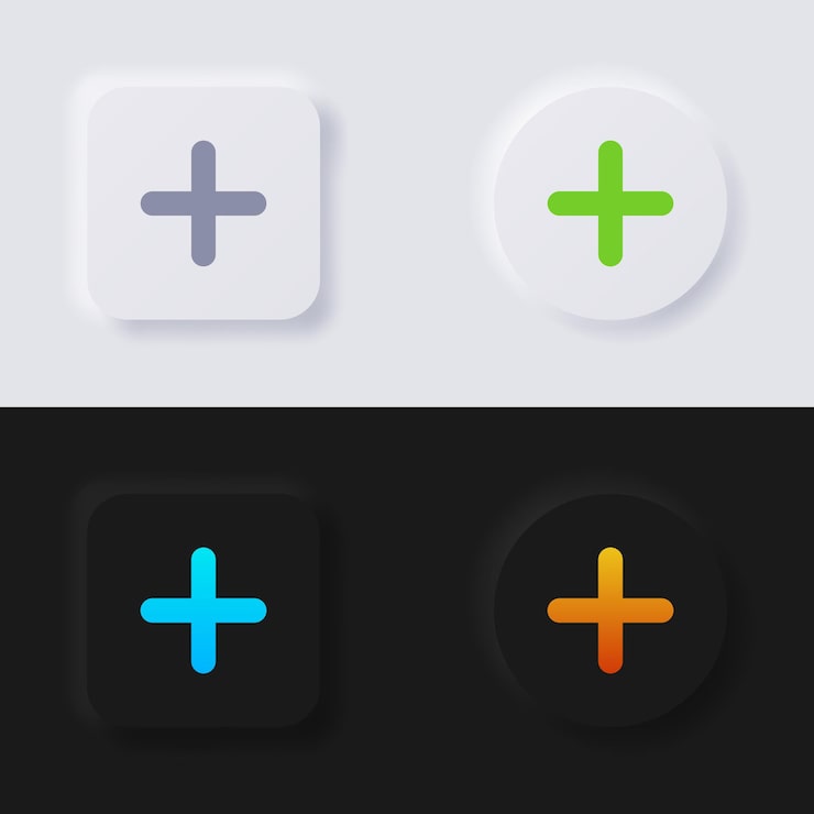 Plus symbol button icon set Multicolor neumorphism button soft UI Design for Web design Application UI and more Button Vector