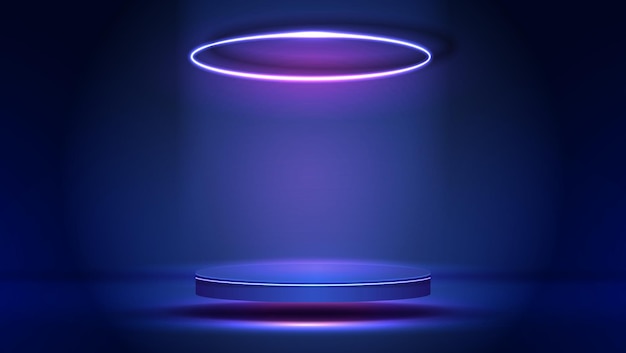 Vector podium or stand with line gradient neon in scifi abstract scene with pink and blue neon frame vector rendering product display futuristic minimal scene vector design