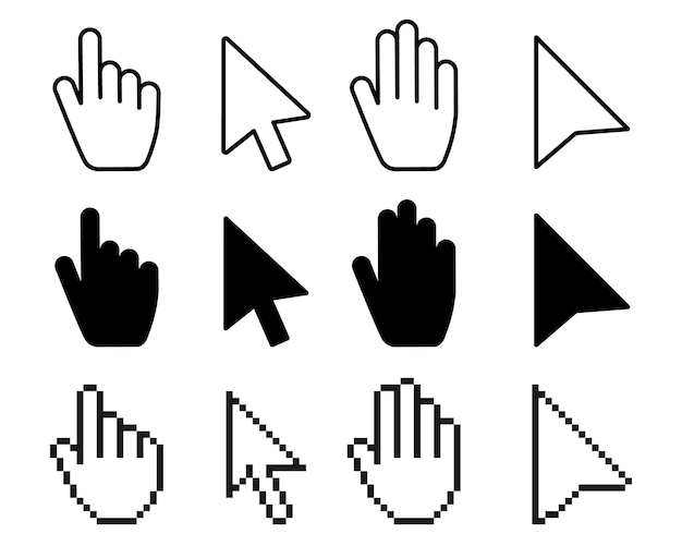 Vector pointer cursor icons computer web arrows mouse cursors and clicking line pointer cursor selecting pixel hand pointer hand arrow logo vector isolated icons set