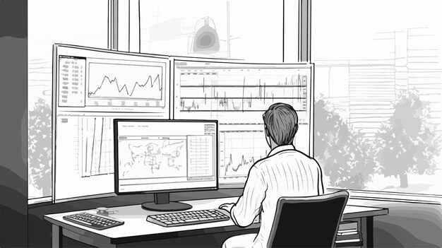 Vector pointing hand at computer screen display technology concept