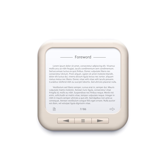 Vector portable electronic book reader, mobile device icon. e-reader, mobile phone or computer reading application 3d vector icon, gui pictogram with text on electronic paper, ink display with buttons