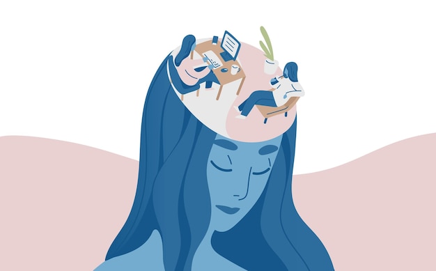 Vector portrait of female character with relax and labor in head vector flat illustration. colorful woman enjoying work life balance isolated on white. abstract girl resting and working with pleasure.