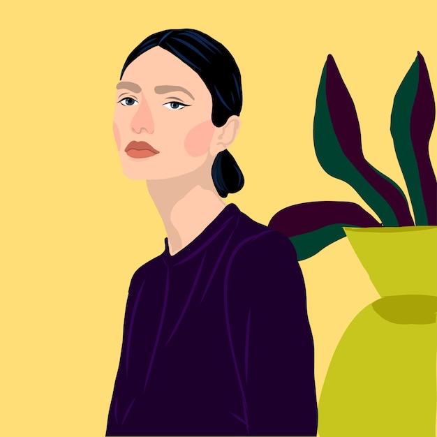 Vector portrait style  girl young women fashion with plants vector illustration