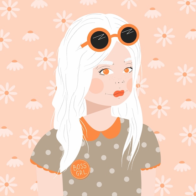Vector portrait of a young girl with white hair and sunglasses, in dotted shirt, on pink background with daisies, flat  illustration