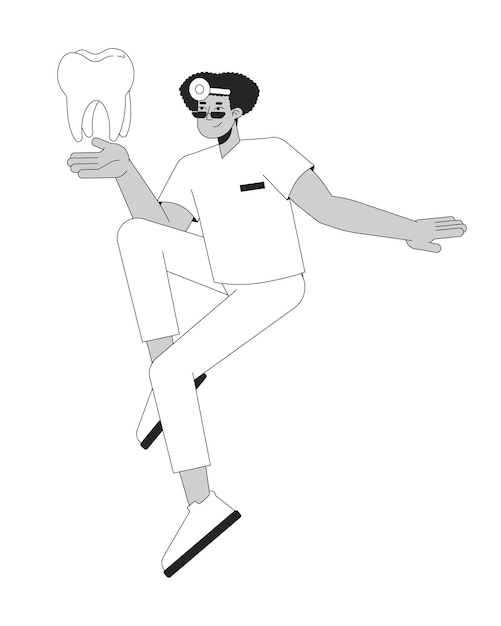 Vector positive stomatologist holding healthy tooth black and white 2d line cartoon character