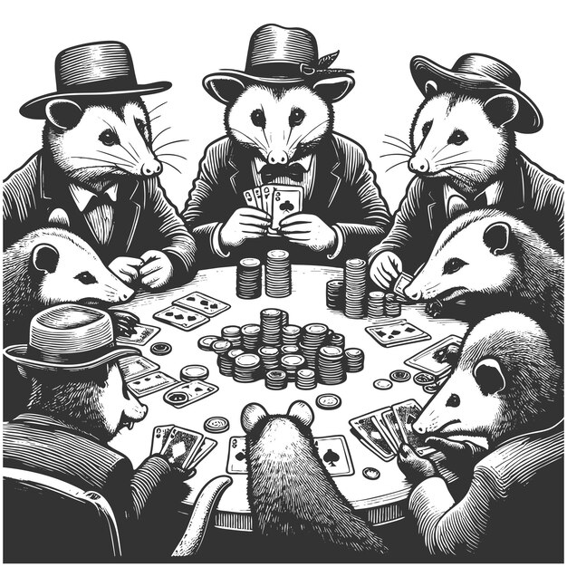 Vector possums playing poker outdoors vector illustration
