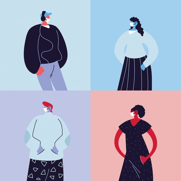 Vector poster people with medical masks, protection of epidemic infection by coronavirus