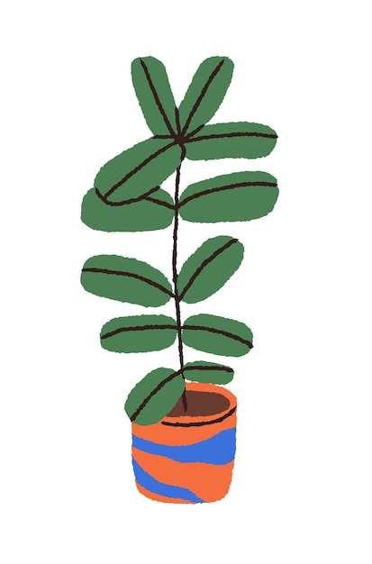 Vector potted leaf plant growing in pot. big foliage houseplant in floor planter. home interior decoration with green leaves in flowerpot. indoor ficus. flat vector illustration isolated on white background