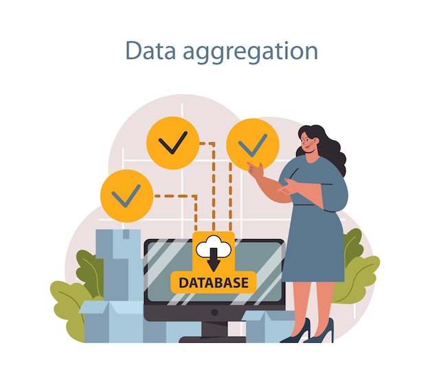 Vector predictive analytics process of using and processing data to forecast future outcome business ideas or decisions development character aggregating data for research flat vector illustration