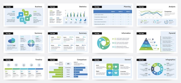 Vector presentation slide business project report visualization pages with statistic and analytic information diagrams or infographics for data comparison timeline flowchart vector set