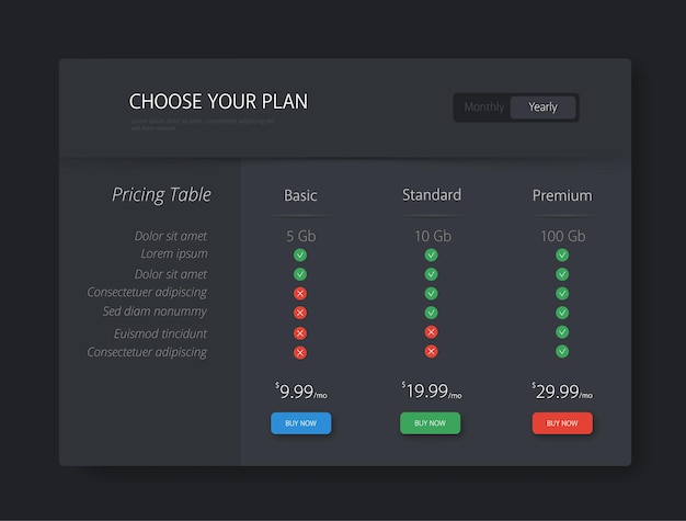Vector pricing table price list web page