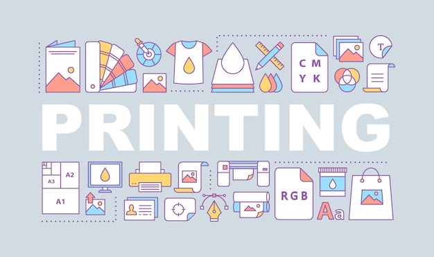 Vector printing word concepts banner. polygraphy and typography. graphic design. printers, color models, mockups. isolated lettering typography idea with linear icons. vector outline illustratio