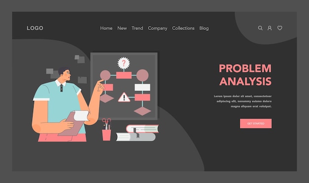 Vector problem analysis concept man pointing with finger at part of algorithm detailoriented breakdown and