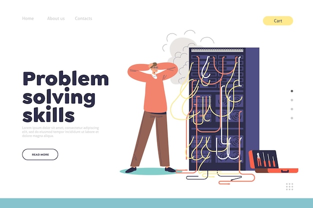 Vector problem solving skills concept of landing page with worried sysadmin look at burning computer server