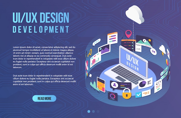 Vector the process of developing interface for laptop. flat design template for mobile app and website design development with included ui ux elements.