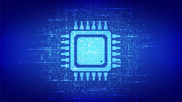 Vector processor. cpu microprocessor or chip icon made with binary code. computer chip. ai chipset. digital binary data and streaming digital code. matrix background with digits 1.0. vector illustration.
