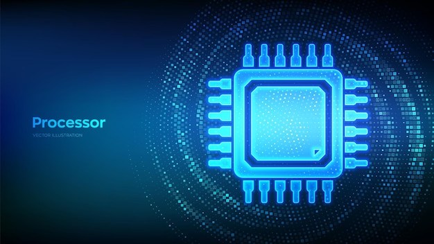 Vector processor cpu microprocessor or chip icon made with binary code computer chip ai chipset virtual tunnel warp made with digital code data flow vector illustration